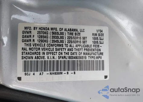 2004 Honda Odyssey Ex-L z USA, uszkodzony, nr VIN 5FNRL18004B056519